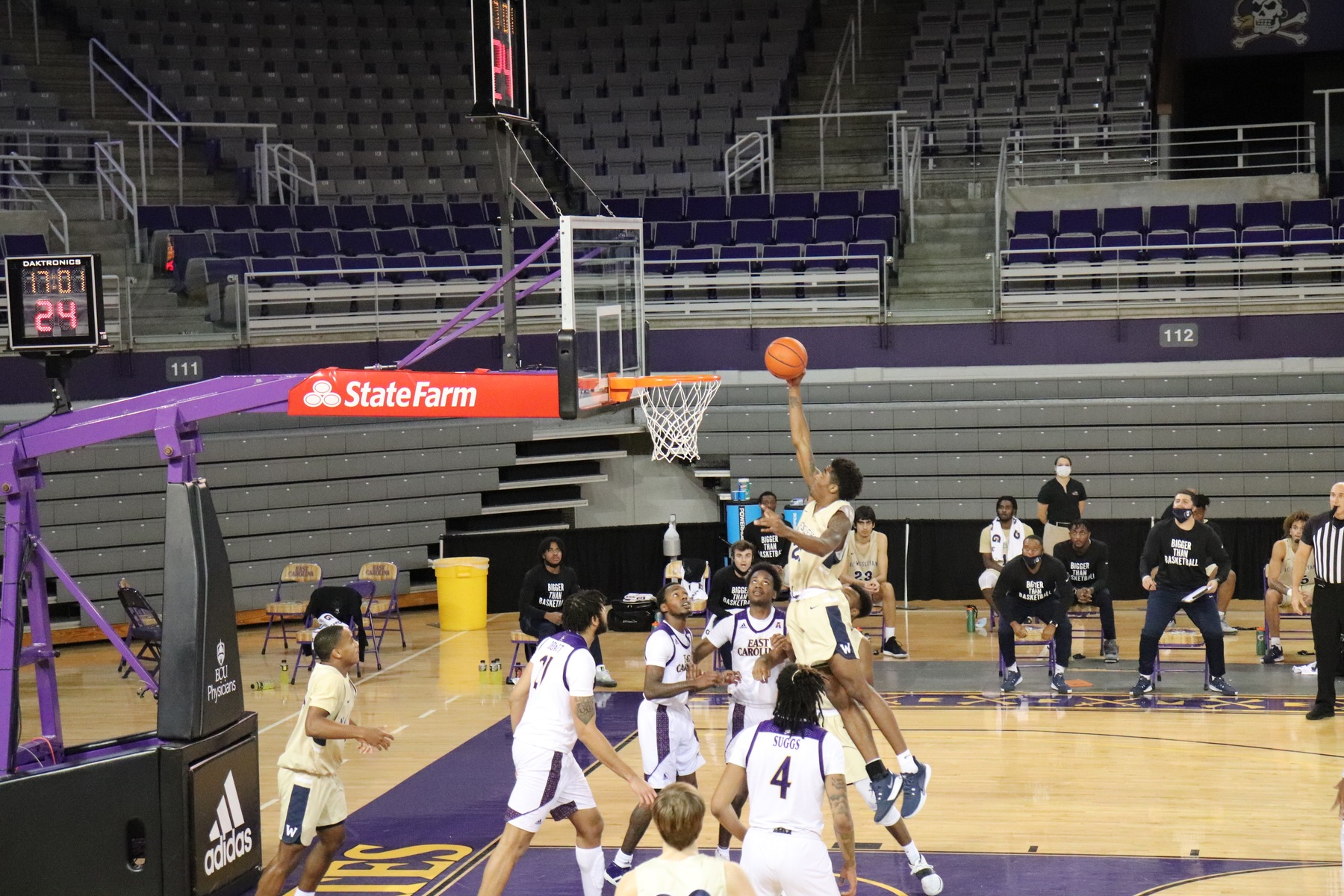 Junior Isaiah Lewis dunking on ECU, photo courtesy of Mike Armbruster